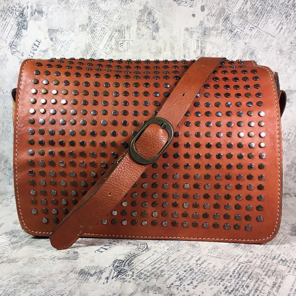 Patricia Nash Italian Leather Studded Saddle Crossbody Bag Western Boho